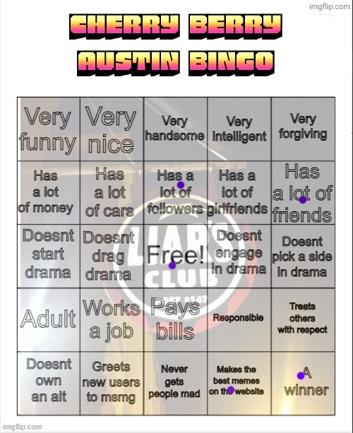 None of this shit describes him bo | image tagged in cherry berry austin bingo | made w/ Imgflip meme maker