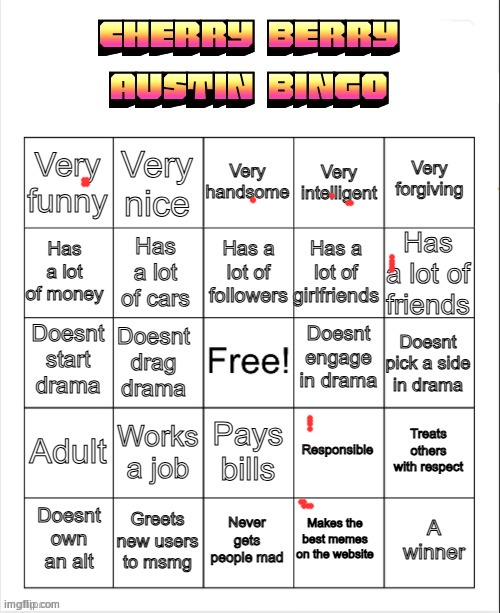 Cherry berry austin bingo | image tagged in cherry berry austin bingo | made w/ Imgflip meme maker