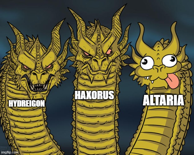 Pokemon Dragons | HAXORUS; ALTARIA; HYDREIGON | image tagged in three-headed dragon,pokemon | made w/ Imgflip meme maker