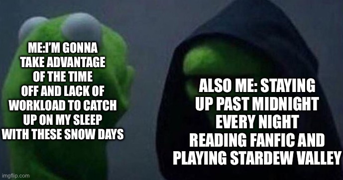 A | ALSO ME: STAYING UP PAST MIDNIGHT EVERY NIGHT READING FANFIC AND PLAYING STARDEW VALLEY; ME:I’M GONNA TAKE ADVANTAGE OF THE TIME OFF AND LACK OF WORKLOAD TO CATCH UP ON MY SLEEP WITH THESE SNOW DAYS | image tagged in me and also me | made w/ Imgflip meme maker
