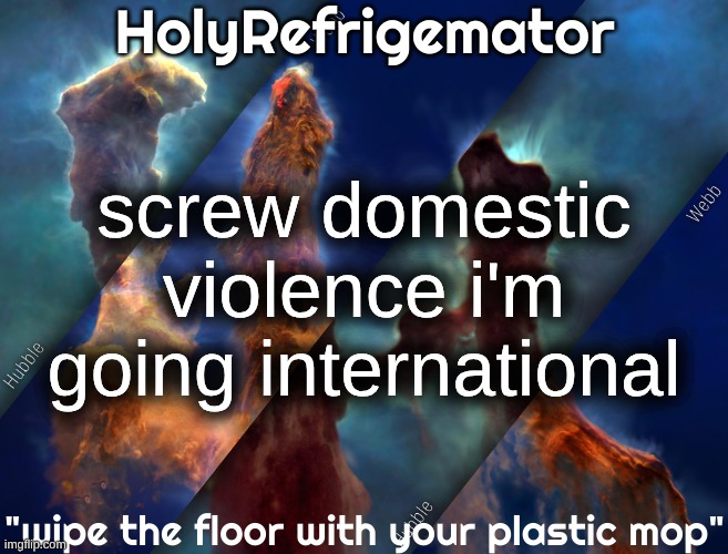 HolyRefrigemator temp | screw domestic violence i'm going international | image tagged in holyrefrigemator temp | made w/ Imgflip meme maker
