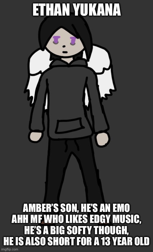 Present Ethan by Pearlfan23 | ETHAN YUKANA; AMBER’S SON, HE’S AN EMO AHH MF WHO LIKES EDGY MUSIC, HE’S A BIG SOFTY THOUGH, HE IS ALSO SHORT FOR A 13 YEAR OLD | image tagged in present ethan by pearlfan23 | made w/ Imgflip meme maker