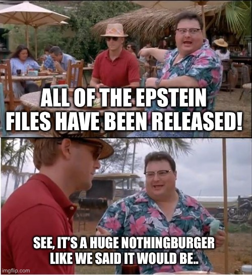 See Nobody Cares Meme | ALL OF THE EPSTEIN FILES HAVE BEEN RELEASED! SEE, IT’S A HUGE NOTHINGBURGER LIKE WE SAID IT WOULD BE.. | image tagged in memes,see nobody cares | made w/ Imgflip meme maker