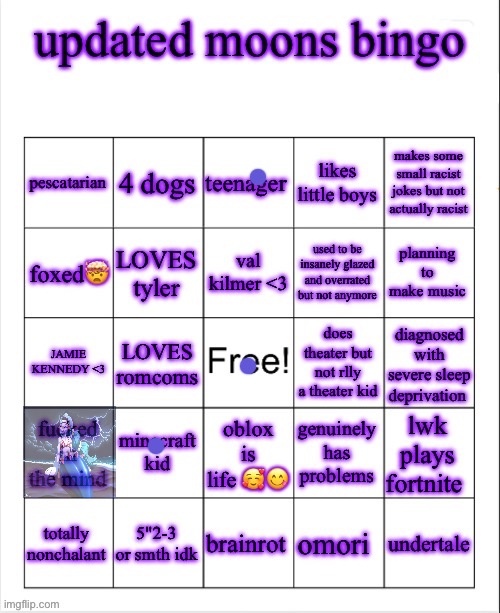 updated moons bingo | image tagged in updated moons bingo | made w/ Imgflip meme maker