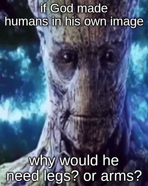 GOD JORKIN IT THEORY CONFIRMED?!?!? | if God made humans in his own image; why would he need legs? or arms? | image tagged in son i'm crine | made w/ Imgflip meme maker