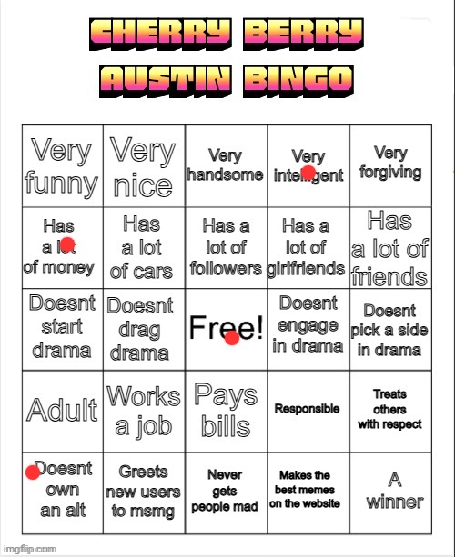 Cherry berry austin bingo | image tagged in cherry berry austin bingo | made w/ Imgflip meme maker