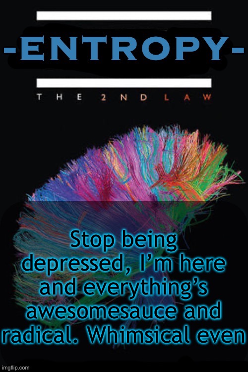 Better than therapy | Stop being depressed, I’m here and everything’s awesomesauce and radical. Whimsical even | image tagged in entropy announcement temp | made w/ Imgflip meme maker