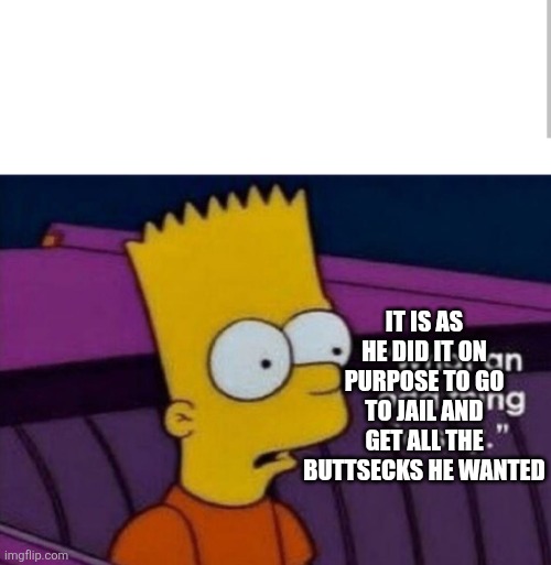 IT IS AS HE DID IT ON PURPOSE TO GO TO JAIL AND GET ALL THE BUTTSECKS HE WANTED | image tagged in bart what an odd thing to say | made w/ Imgflip meme maker