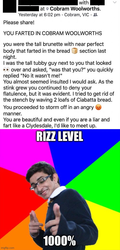 He got the Rizz | RIZZ LEVEL; 1000% | image tagged in memes,subtle pickup liner,rizz,fart,liar | made w/ Imgflip meme maker