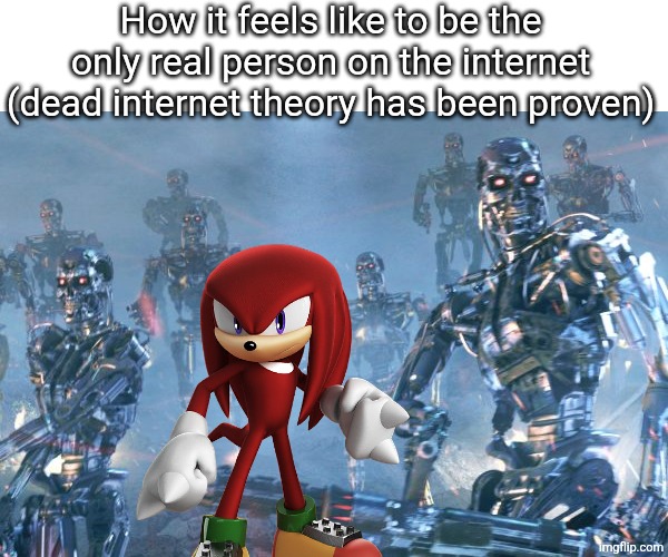 Terminator 2 robots | How it feels like to be the only real person on the internet
(dead internet theory has been proven) | image tagged in terminator 2 robots | made w/ Imgflip meme maker
