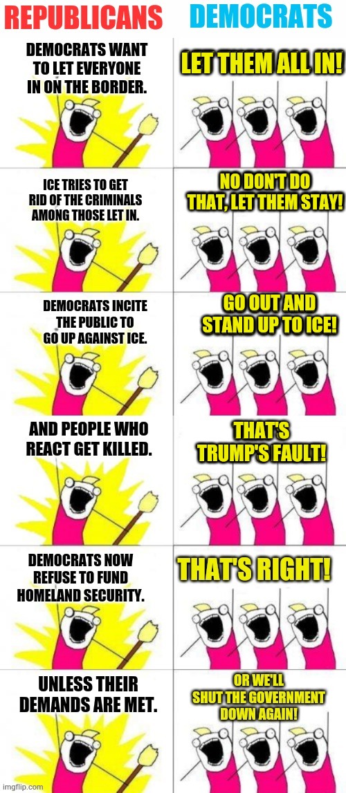 Doesn't This About Sum It Up? | LET THEM ALL IN! NO DON'T DO THAT, LET THEM STAY! GO OUT AND STAND UP TO ICE! THAT'S TRUMP'S FAULT! | image tagged in memes,politics,what do we want,republicans,democrats,side | made w/ Imgflip meme maker