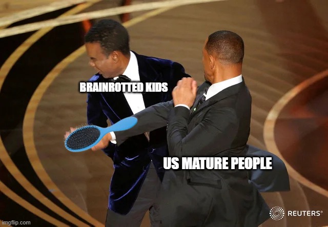 Who here relates? | BRAINROTTED KIDS; US MATURE PEOPLE | image tagged in will smith punching chris rock | made w/ Imgflip meme maker