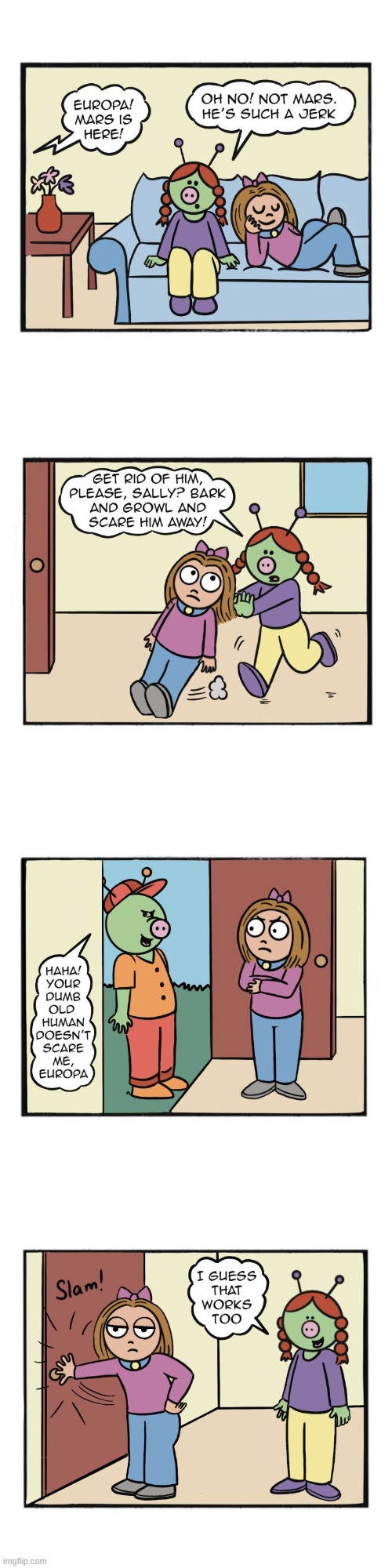 image tagged in alien,aliens,bully,human,sally,door | made w/ Imgflip meme maker