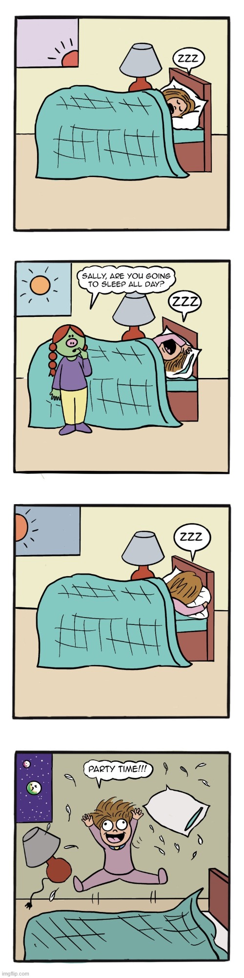 image tagged in human,sally,bed,sleeping,party time,oh yeah | made w/ Imgflip meme maker