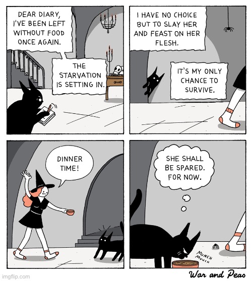 War and Peas | image tagged in comics,war and peas,cat,lord nibbles,witch,dinner time | made w/ Imgflip meme maker