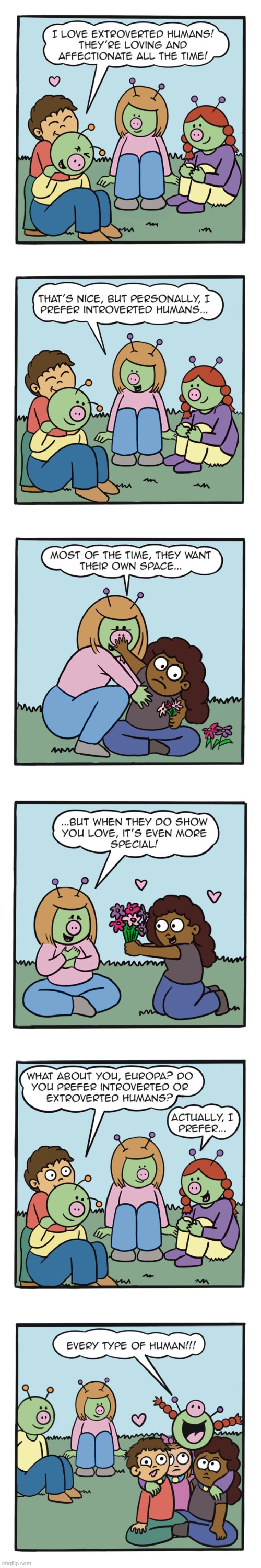 image tagged in aliens,humans,introverts,extroverts,hug,aww | made w/ Imgflip meme maker