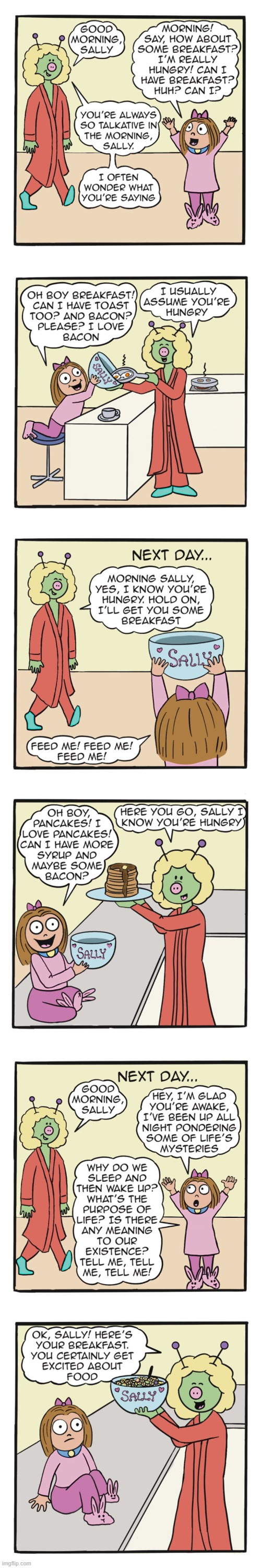 image tagged in human,sally,breakfast,life,mysteries,lol | made w/ Imgflip meme maker