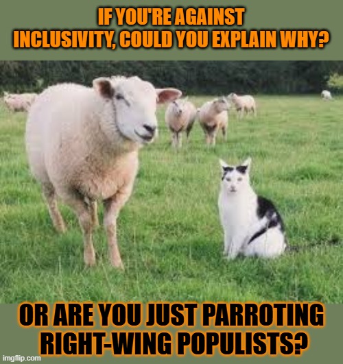 This #lolcat wonders if hoo-mens actually know why they hate inclusivity | IF YOU'RE AGAINST INCLUSIVITY, COULD YOU EXPLAIN WHY? OR ARE YOU JUST PARROTING 
RIGHT-WING POPULISTS? | image tagged in inclusivity,parroting,populism,right wing,bigotry,lolcat | made w/ Imgflip meme maker