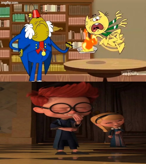 sherman and penny laughs at Sir Dudley Ding Dong's tail on fire? | image tagged in who laughs at sir dudley ding dong's tail on fire,deviantart,crossover,universal studios | made w/ Imgflip meme maker