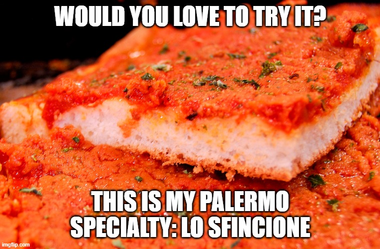 sfincione palermitano | WOULD YOU LOVE TO TRY IT? THIS IS MY PALERMO SPECIALTY: LO SFINCIONE | made w/ Imgflip meme maker
