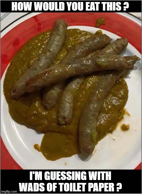With Food, Presentation Is So Important ... | HOW WOULD YOU EAT THIS ? I'M GUESSING WITH WADS OF TOILET PAPER ? | image tagged in food,presentation,sausages | made w/ Imgflip meme maker