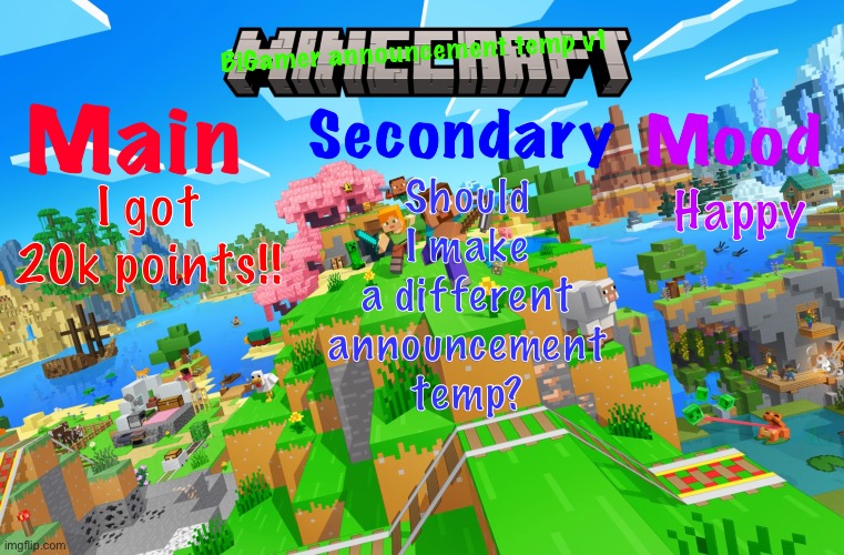I have some ideas- | Should I make a different
announcement
temp? I got 20k points!! Happy | image tagged in bigamer announcement template v1 | made w/ Imgflip meme maker