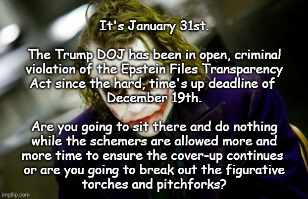 Stop euphemistically calling it "non-compliance"; non-compliance = not meeting a regulatory standard. This ain't that. | It's January 31st.
 
The Trump DOJ has been in open, criminal
violation of the Epstein Files Transparency
Act since the hard, time's up deadline of 
December 19th.
 
Are you going to sit there and do nothing
while the schemers are allowed more and
more time to ensure the cover-up continues 
or are you going to break out the figurative
torches and pitchforks? | image tagged in epstein files,trump administration,criminals | made w/ Imgflip meme maker