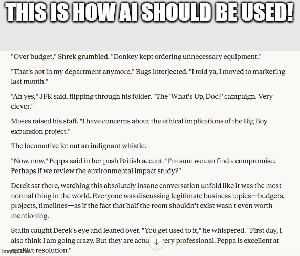 Screenshot of me messing around with Claude (Reupload but he original was my work) | image tagged in memes,funny,shrek,jfk,bugs bunny,stalin | made w/ Imgflip meme maker