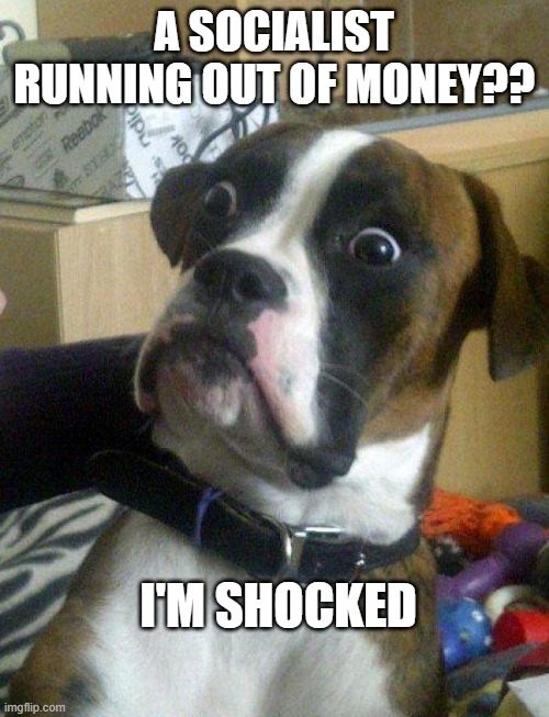 Blankie the Shocked Dog | A SOCIALIST RUNNING OUT OF MONEY?? I'M SHOCKED | image tagged in blankie the shocked dog | made w/ Imgflip meme maker