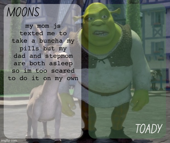 moons and toady - donkey n shrek temp | my mom js texted me to take a buncha my pills but my dad and stepmom are both asleep so im too scared to do it on my own | image tagged in moons and toady - donkey n shrek temp | made w/ Imgflip meme maker