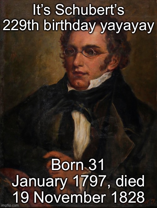 Short life, isnt it? Happy birthday twin | It’s Schubert’s 229th birthday yayayay; Born 31 January 1797, died 19 November 1828 | made w/ Imgflip meme maker