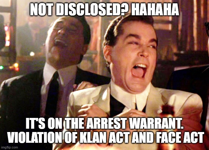 NOT DISCLOSED? HAHAHA IT'S ON THE ARREST WARRANT.  VIOLATION OF KLAN ACT AND FACE ACT | image tagged in memes,good fellas hilarious | made w/ Imgflip meme maker