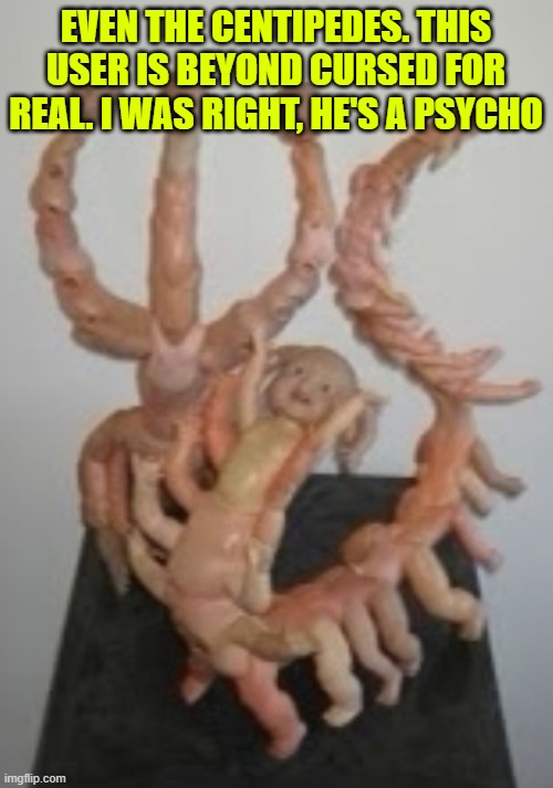 1000 cockroaches or 1000 centipedes need to be stopped | EVEN THE CENTIPEDES. THIS USER IS BEYOND CURSED FOR REAL. I WAS RIGHT, HE'S A PSYCHO | image tagged in centipede baby | made w/ Imgflip meme maker