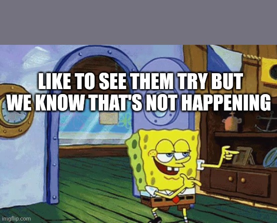 spongebob finger guns | LIKE TO SEE THEM TRY BUT WE KNOW THAT'S NOT HAPPENING | image tagged in spongebob finger guns | made w/ Imgflip meme maker