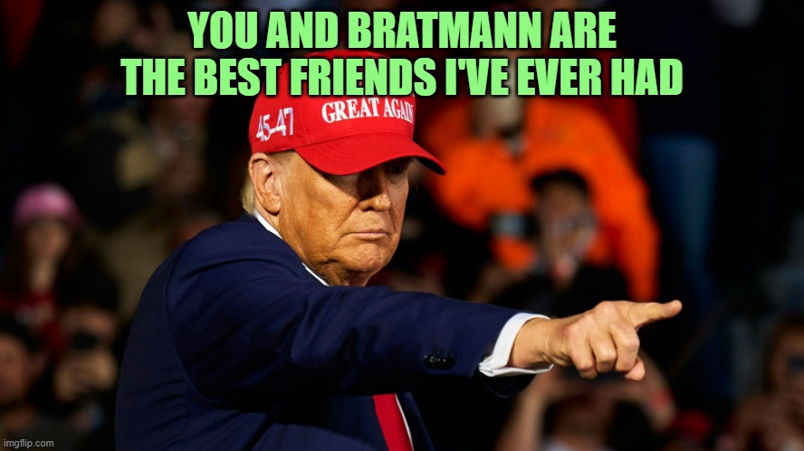 DONALD TRUMP MAGA HAT | YOU AND BRATMANN ARE THE BEST FRIENDS I'VE EVER HAD | image tagged in donald trump maga hat | made w/ Imgflip meme maker