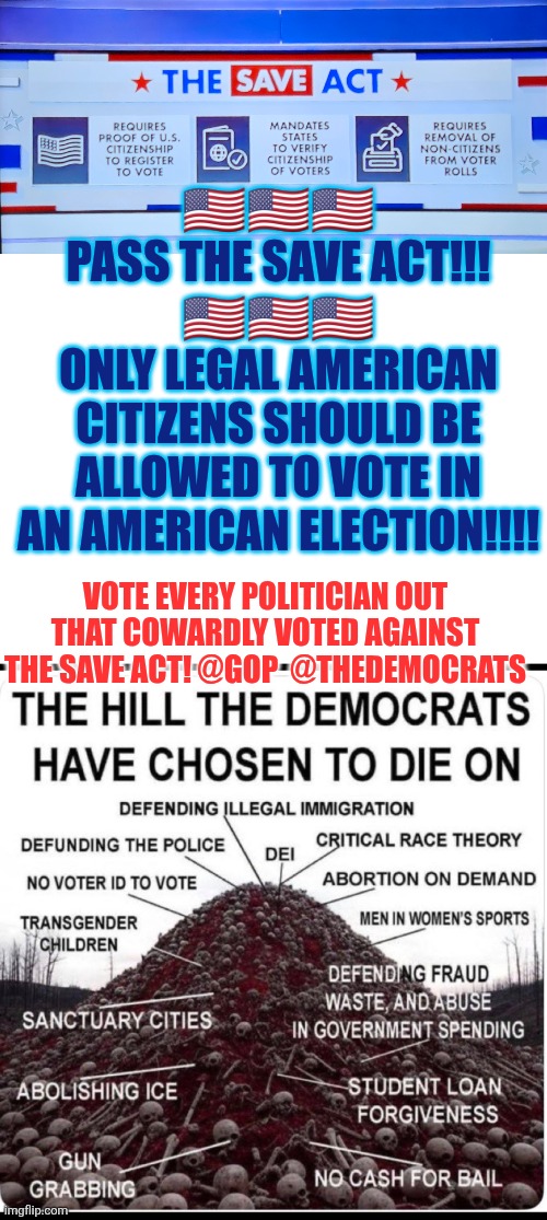 Pass the SAVE Act | 🇺🇸🇺🇸🇺🇸 PASS THE SAVE ACT!!! 🇺🇸🇺🇸🇺🇸
ONLY LEGAL AMERICAN CITIZENS SHOULD BE ALLOWED TO VOTE IN AN AMERICAN ELECTION!!!! VOTE EVERY POLITICIAN OUT THAT COWARDLY VOTED AGAINST THE SAVE ACT! @GOP  @THEDEMOCRATS | image tagged in voter fraud,illegal immigration,save act,election integrity,voter id,voting rights | made w/ Imgflip meme maker