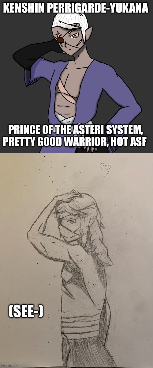 Actually my art this time lol | KENSHIN PERRIGARDE-YUKANA; PRINCE OF THE ASTERI SYSTEM, PRETTY GOOD WARRIOR, HOT ASF; (SEE-) | image tagged in kenshin updated by pearlfan23,shirtless kenshin by pearlfan23 | made w/ Imgflip meme maker