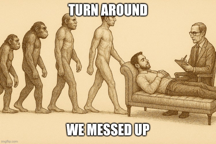 Homo Theraputien | TURN AROUND; WE MESSED UP | image tagged in evolution,therapy,psychology,culture,boomer,gen z | made w/ Imgflip meme maker