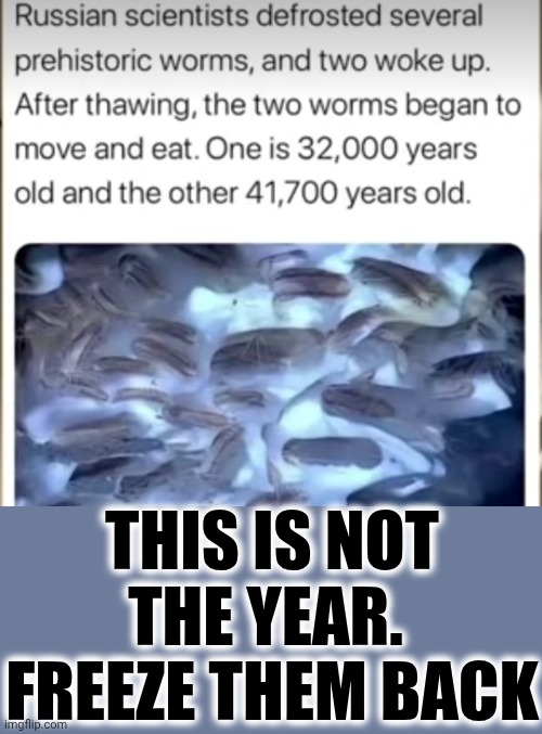 It's Like They're Not Even Paying Attention | THIS IS NOT THE YEAR.  FREEZE THEM BACK | image tagged in memes,prehistoric,worms,can of worms,wait what,special kind of stupid | made w/ Imgflip meme maker