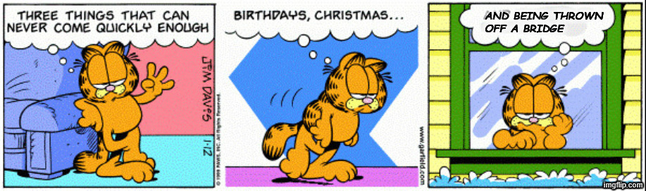 Three things that can never come quickly enough Garfield | AND BEING THROWN
OFF A BRIDGE | image tagged in three things that can never come quickly enough garfield | made w/ Imgflip meme maker