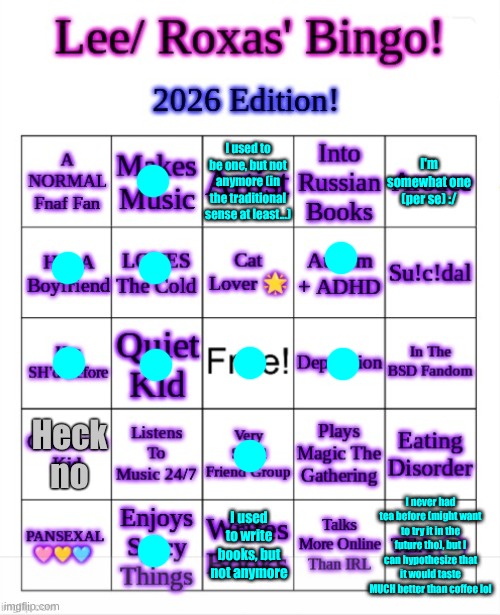 Aw, I didn't get a bingo. :( | I'm somewhat one (per se) :/; I used to be one, but not anymore (in the traditional sense at least...); Heck no; I never had tea before (might want to try it in the future tho), but I can hypothesize that it would taste MUCH better than coffee lol; I used to write books, but not anymore | image tagged in lee's bingo,normal human bingo,fresh memes,not a meme | made w/ Imgflip meme maker
