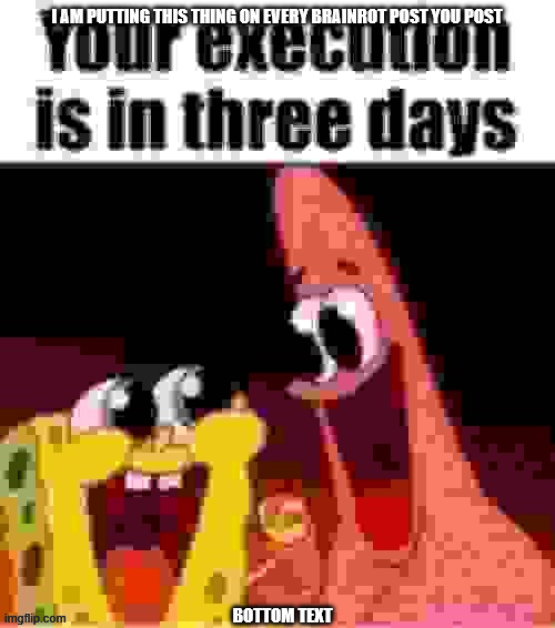 your execution is in three days | I AM PUTTING THIS THING ON EVERY BRAINROT POST YOU POST BOTTOM TEXT | image tagged in your execution is in three days | made w/ Imgflip meme maker