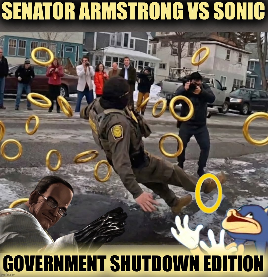 Imgflip News Channel | SENATOR ARMSTRONG VS SONIC; GOVERNMENT SHUTDOWN EDITION | image tagged in metal gear rising,senator armstrong,sonic,ice,slip and fall,imgflip news | made w/ Imgflip meme maker