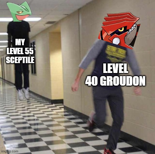 He 1 Hit KO'd him using Leaf Blade | MY LEVEL 55 SCEPTILE; LEVEL 40 GROUDON | image tagged in floating boy chasing running boy,pokemon | made w/ Imgflip meme maker