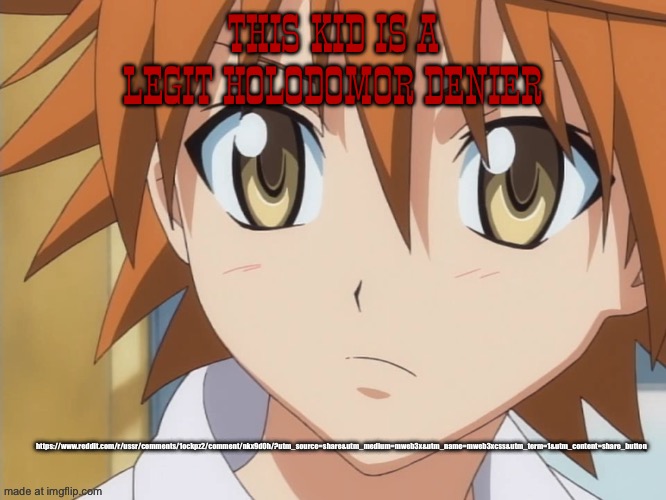 there are a disturbingly significant amount of internet communists who are straight up holodomor deniers | THIS KID IS A LEGIT HOLODOMOR DENIER; https://www.reddit.com/r/ussr/comments/1ockpz2/comment/nkx9d0h/?utm_source=share&utm_medium=mweb3x&utm_name=mweb3xcss&utm_term=1&utm_content=share_button | image tagged in rito yuuki,to love ru,communism,anime,communists,ussr | made w/ Imgflip meme maker