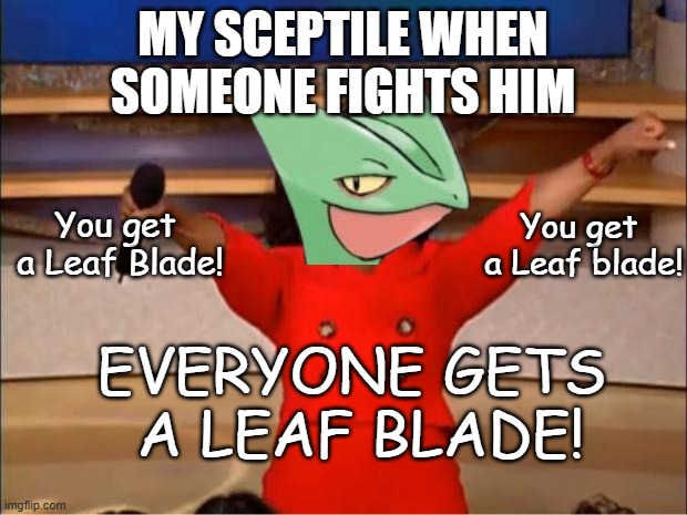 Leaf Blades for all! | MY SCEPTILE WHEN
SOMEONE FIGHTS HIM; You get
 a Leaf blade! You get
 a Leaf Blade! EVERYONE GETS 
A LEAF BLADE! | image tagged in memes,oprah you get a,pokemon | made w/ Imgflip meme maker