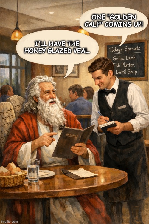 Moses | ONE "GOLDEN CALF" COMING UP! I'LL HAVE THE HONEY GLAZED VEAL. | image tagged in fun | made w/ Imgflip meme maker