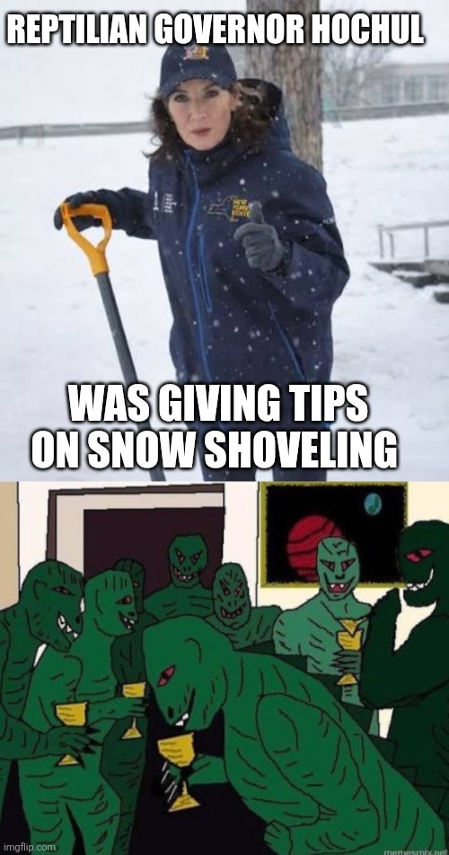 Governor Hochul memes | REPTILIAN GOVERNOR HOCHUL; WAS GIVING TIPS ON SNOW SHOVELING | image tagged in lizard people party | made w/ Imgflip meme maker