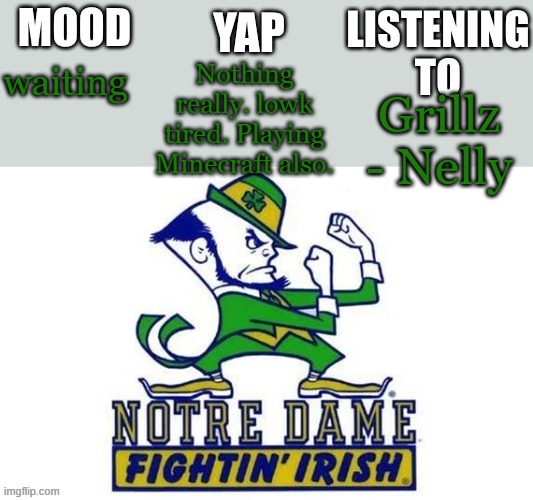 Notre_Dame_fan102's Second Announcement Temp | Nothing really. lowk tired. Playing Minecraft also. waiting; Grillz - Nelly | image tagged in notre_dame_fan102's second announcement temp | made w/ Imgflip meme maker