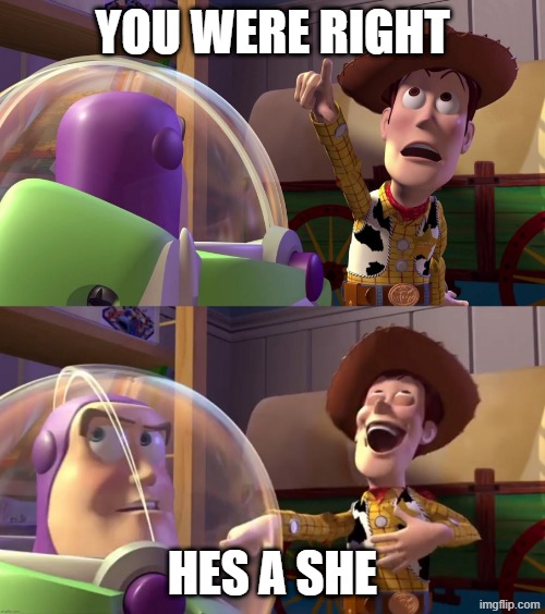 Toy Story funny scene | YOU WERE RIGHT; HES A SHE | image tagged in toy story funny scene | made w/ Imgflip meme maker